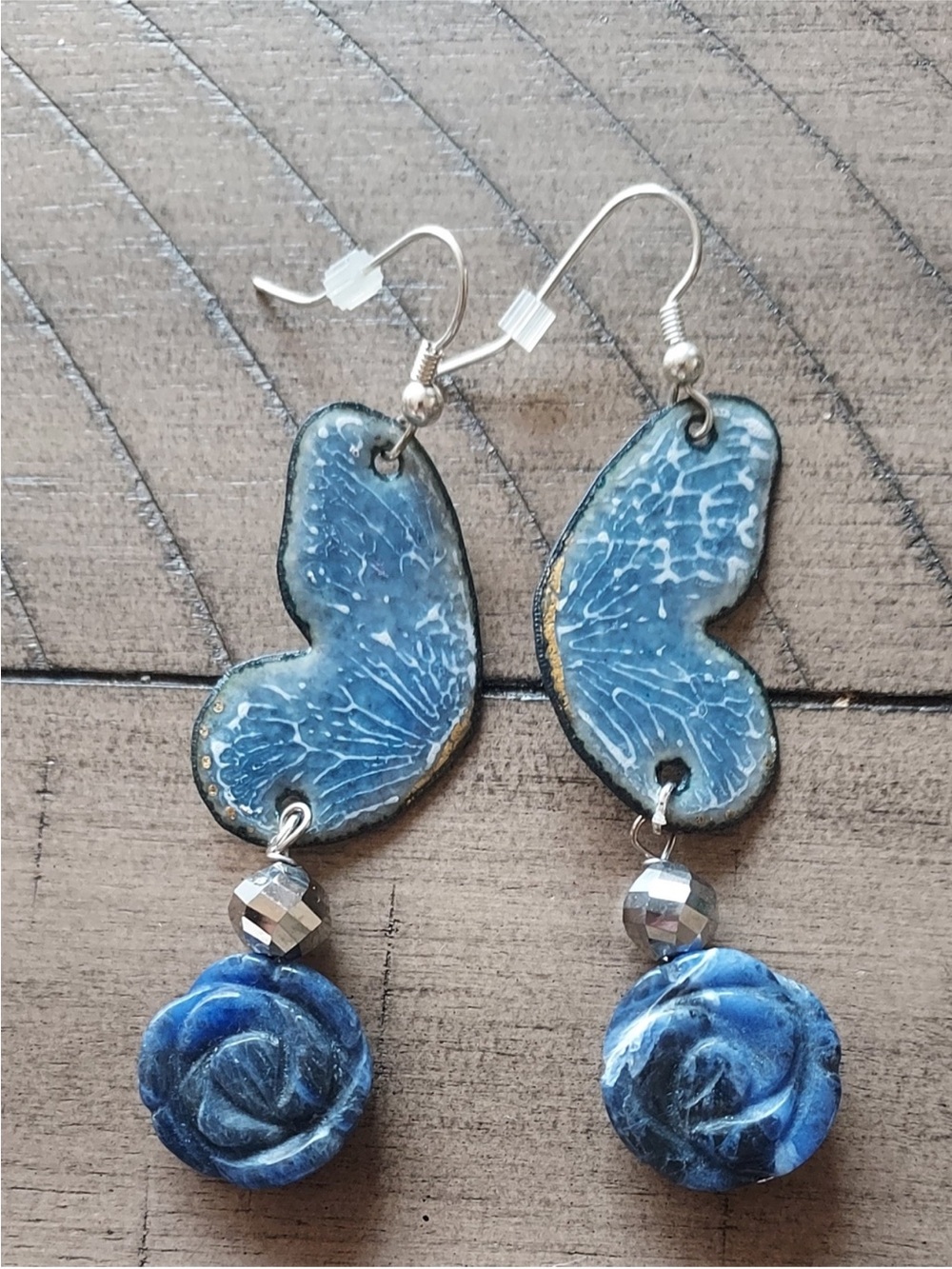 Handmade Blue Butterfly & Rose Drop Earrings